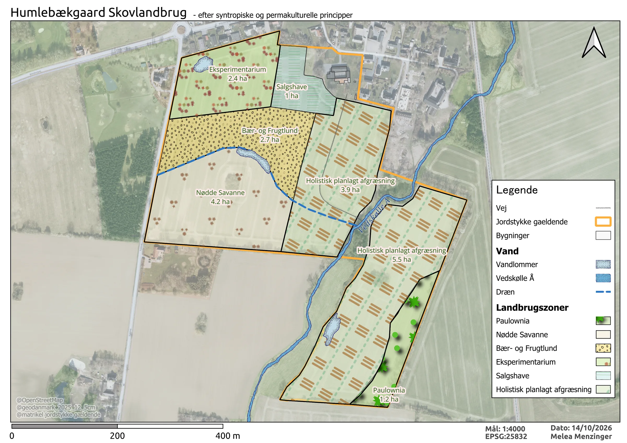 Kort over Humlebækgaard Skovlandbrug med landbrugszoner: Eksperimentarium, salgshave, bær- og frugtlund, nøddesavanne, holistisk planlagt afgræsning og paulownia